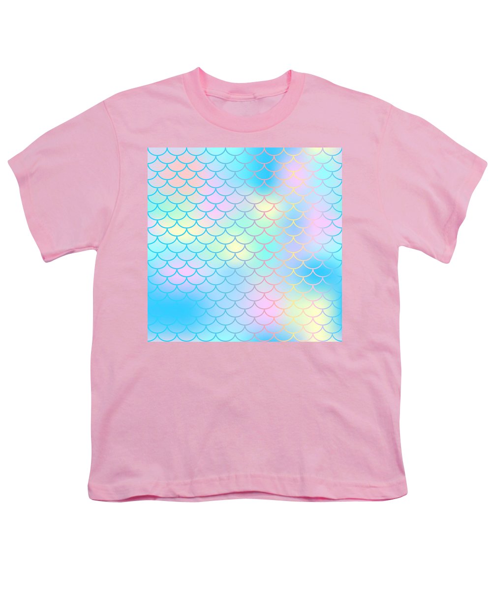 Magic mermaid tail background. Colorful seamless pattern with fish scale net. Blue pink mermaid skin surface. - Youth T-Shirt