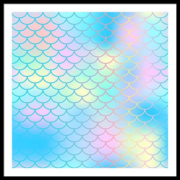 Magic mermaid tail background. Colorful seamless pattern with fish scale net. Blue pink mermaid skin surface. - Framed Print