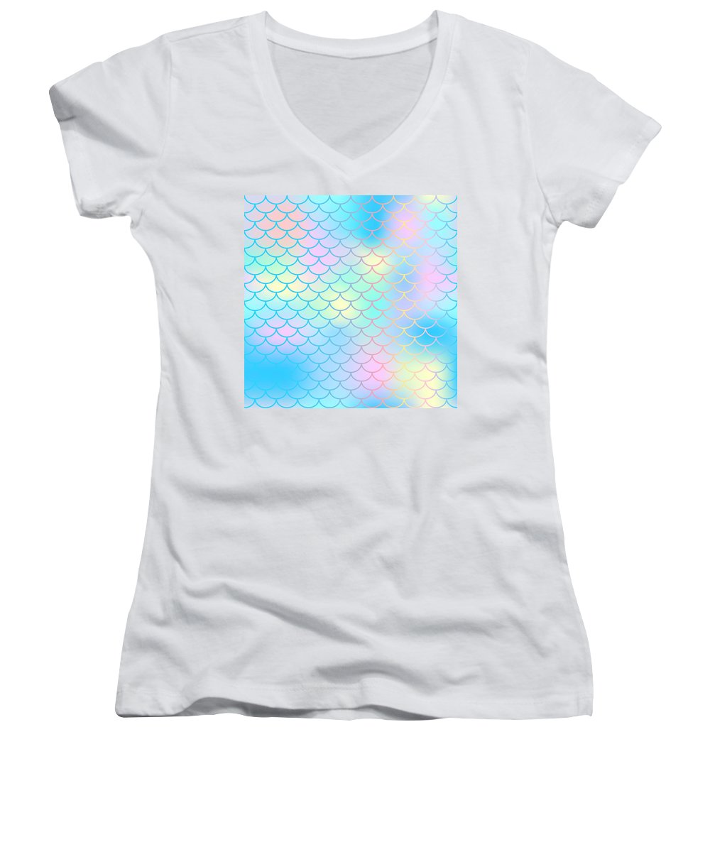 Magic mermaid tail background. Colorful seamless pattern with fish scale net. Blue pink mermaid skin surface. - Women's V-Neck