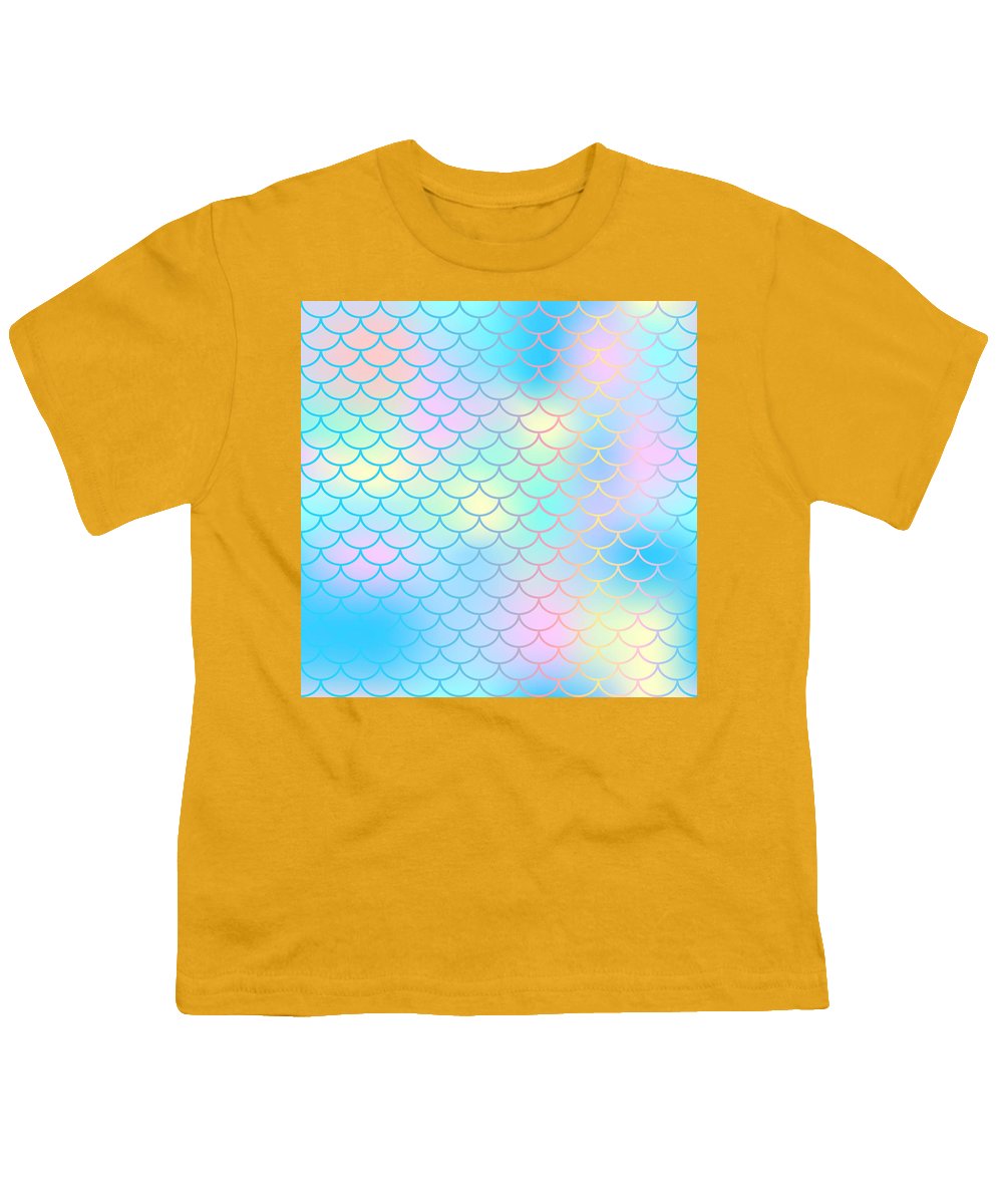 Magic mermaid tail background. Colorful seamless pattern with fish scale net. Blue pink mermaid skin surface. - Youth T-Shirt