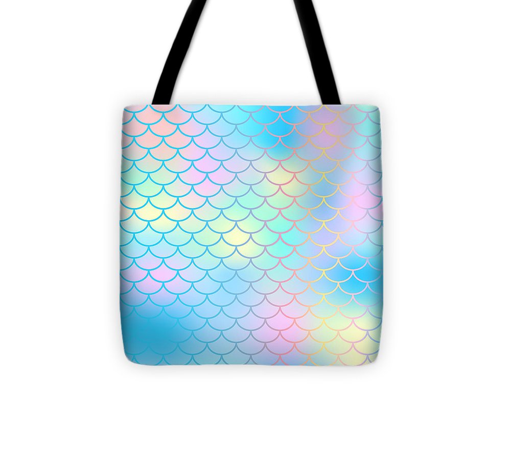 Magic mermaid tail background. Colorful seamless pattern with fish scale net. Blue pink mermaid skin surface. - Tote Bag