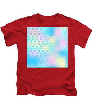 Magic mermaid tail background. Colorful seamless pattern with fish scale net. Blue pink mermaid skin surface. - Kids T-Shirt