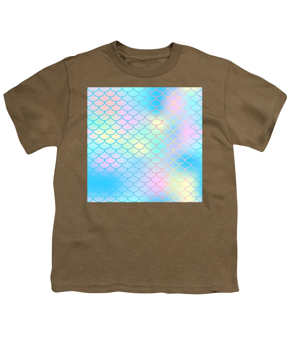 Magic mermaid tail background. Colorful seamless pattern with fish scale net. Blue pink mermaid skin surface. - Youth T-Shirt