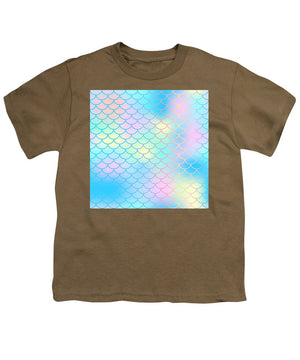 Magic mermaid tail background. Colorful seamless pattern with fish scale net. Blue pink mermaid skin surface. - Youth T-Shirt