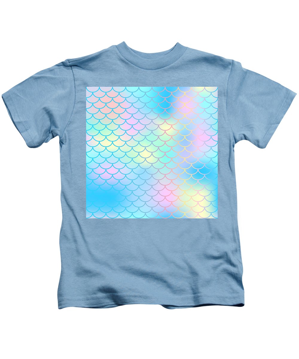 Magic mermaid tail background. Colorful seamless pattern with fish scale net. Blue pink mermaid skin surface. - Kids T-Shirt