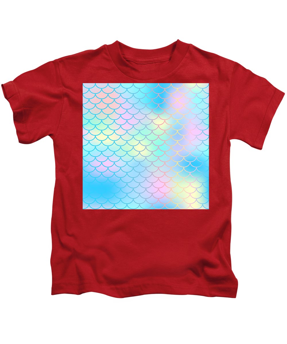 Magic mermaid tail background. Colorful seamless pattern with fish scale net. Blue pink mermaid skin surface. - Kids T-Shirt