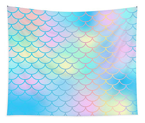 Magic mermaid tail background. Colorful seamless pattern with fish scale net. Blue pink mermaid skin surface. - Tapestry