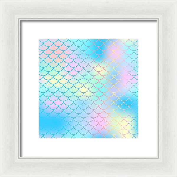 Magic mermaid tail background. Colorful seamless pattern with fish scale net. Blue pink mermaid skin surface. - Framed Print