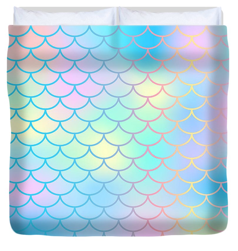 Magic mermaid tail background. Colorful seamless pattern with fish scale net. Blue pink mermaid skin surface. - Duvet Cover