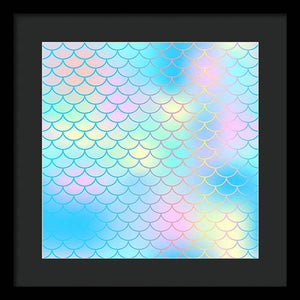 Magic mermaid tail background. Colorful seamless pattern with fish scale net. Blue pink mermaid skin surface. - Framed Print