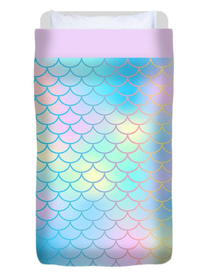 Magic mermaid tail background. Colorful seamless pattern with fish scale net. Blue pink mermaid skin surface. - Duvet Cover
