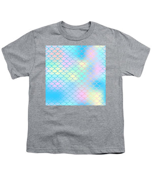 Magic mermaid tail background. Colorful seamless pattern with fish scale net. Blue pink mermaid skin surface. - Youth T-Shirt