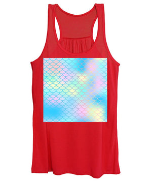 Magic mermaid tail background. Colorful seamless pattern with fish scale net. Blue pink mermaid skin surface. - Women's Tank Top