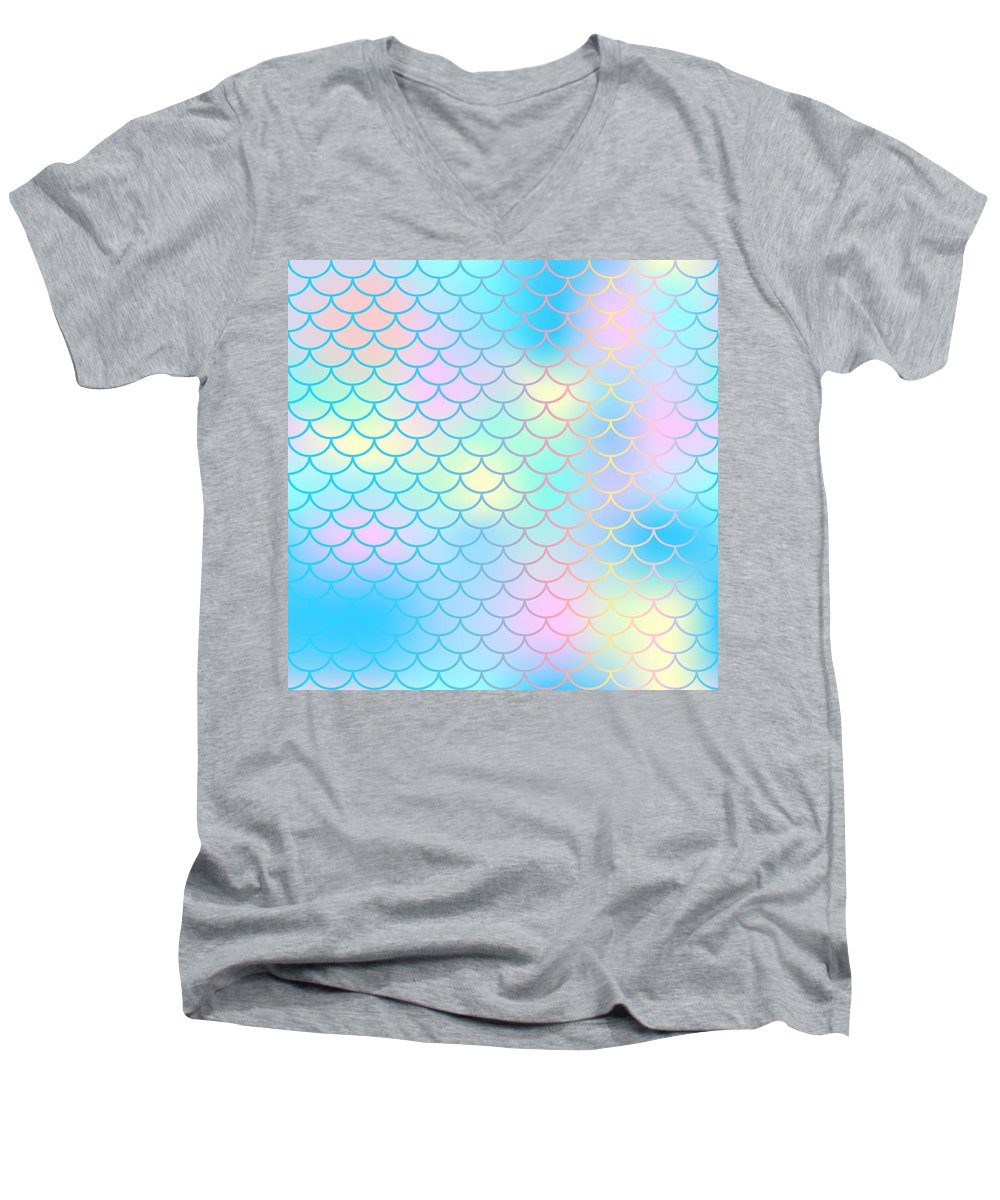 Magic mermaid tail background. Colorful seamless pattern with fish scale net. Blue pink mermaid skin surface. - Men's V-Neck T-Shirt