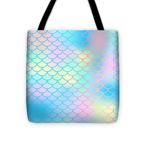 Magic mermaid tail background. Colorful seamless pattern with fish scale net. Blue pink mermaid skin surface. - Tote Bag