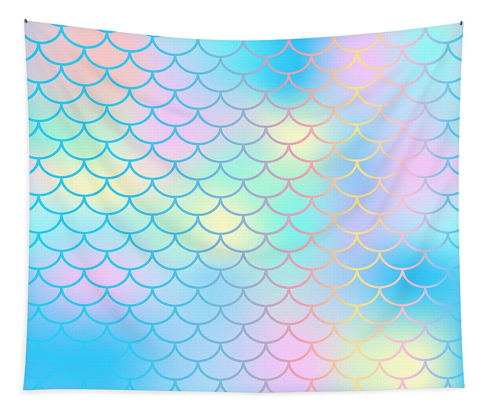Magic mermaid tail background. Colorful seamless pattern with fish scale net. Blue pink mermaid skin surface. - Tapestry