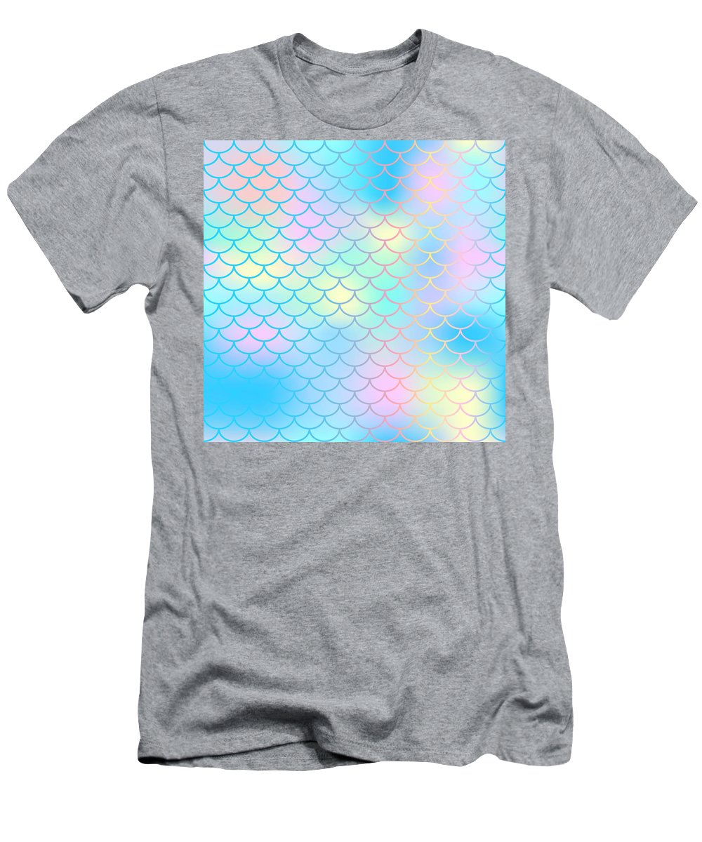 Magic mermaid tail background. Colorful seamless pattern with fish scale net. Blue pink mermaid skin surface. - T-Shirt