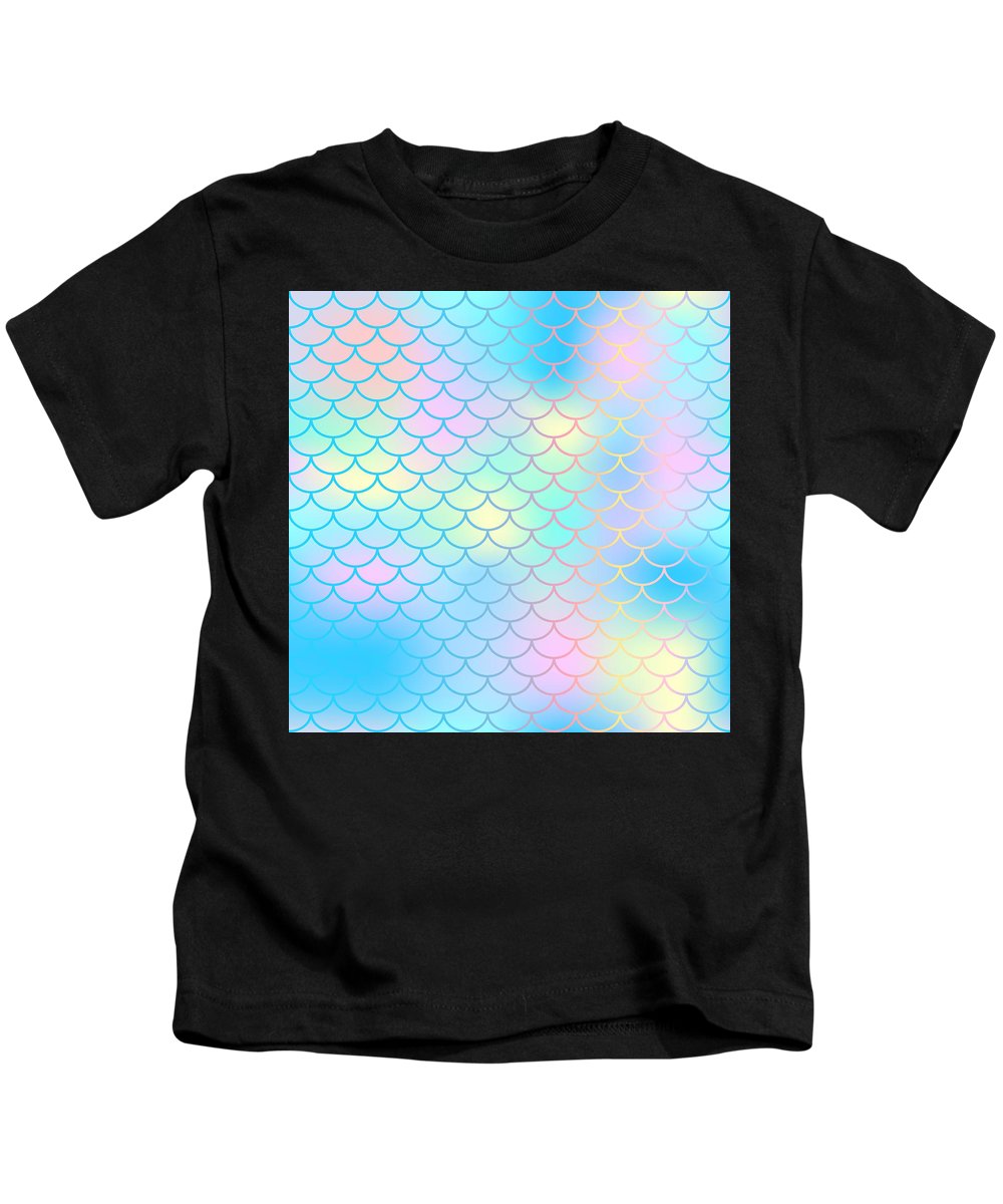 Magic mermaid tail background. Colorful seamless pattern with fish scale net. Blue pink mermaid skin surface. - Kids T-Shirt