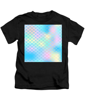 Magic mermaid tail background. Colorful seamless pattern with fish scale net. Blue pink mermaid skin surface. - Kids T-Shirt