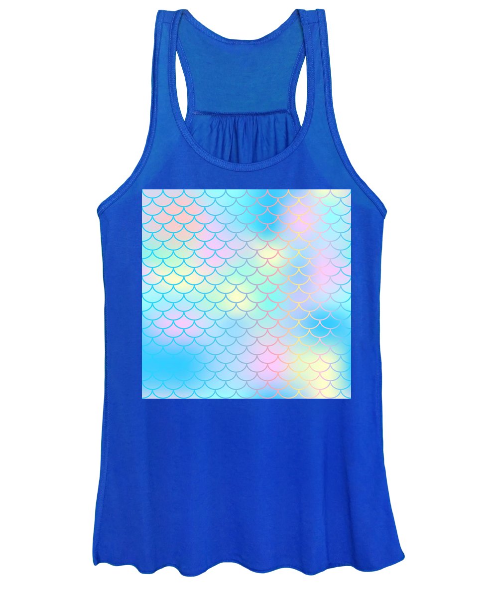 Magic mermaid tail background. Colorful seamless pattern with fish scale net. Blue pink mermaid skin surface. - Women's Tank Top