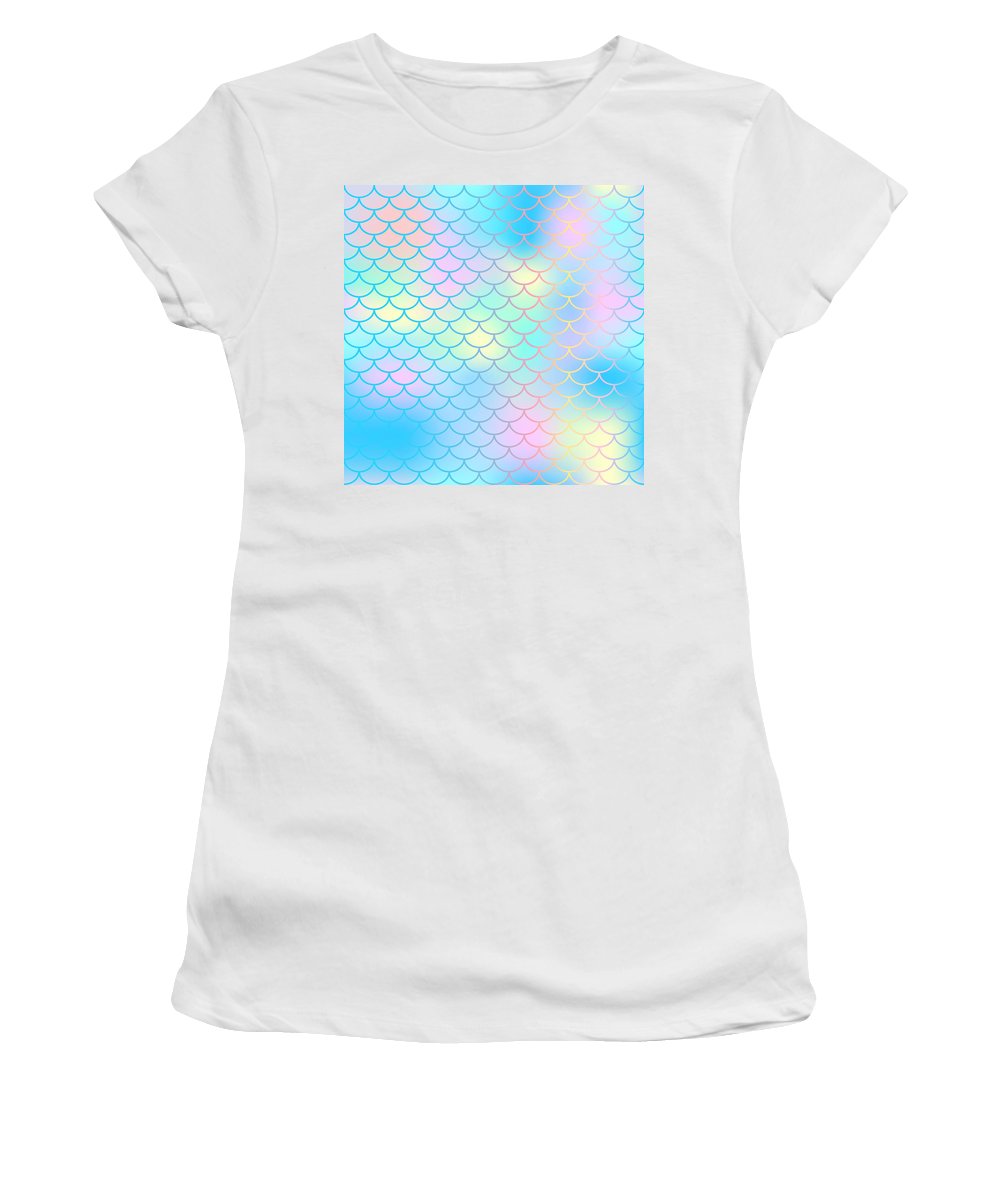Magic mermaid tail background. Colorful seamless pattern with fish scale net. Blue pink mermaid skin surface. - Women's T-Shirt