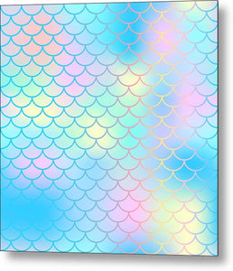 Magic mermaid tail background. Colorful seamless pattern with fish scale net. Blue pink mermaid skin surface. - Metal Print