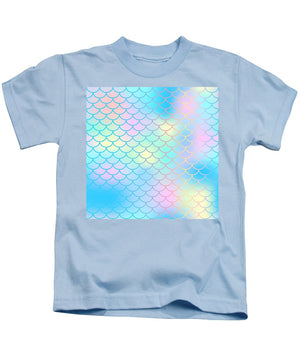 Magic mermaid tail background. Colorful seamless pattern with fish scale net. Blue pink mermaid skin surface. - Kids T-Shirt