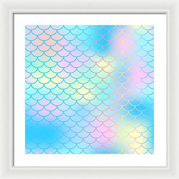 Magic mermaid tail background. Colorful seamless pattern with fish scale net. Blue pink mermaid skin surface. - Framed Print