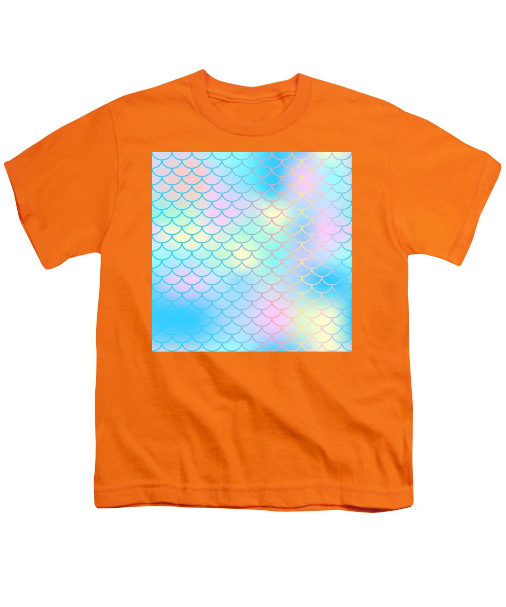 Magic mermaid tail background. Colorful seamless pattern with fish scale net. Blue pink mermaid skin surface. - Youth T-Shirt