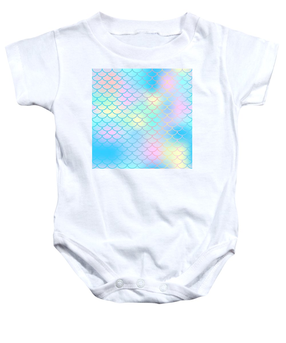 Magic mermaid tail background. Colorful seamless pattern with fish scale net. Blue pink mermaid skin surface. - Baby Onesie