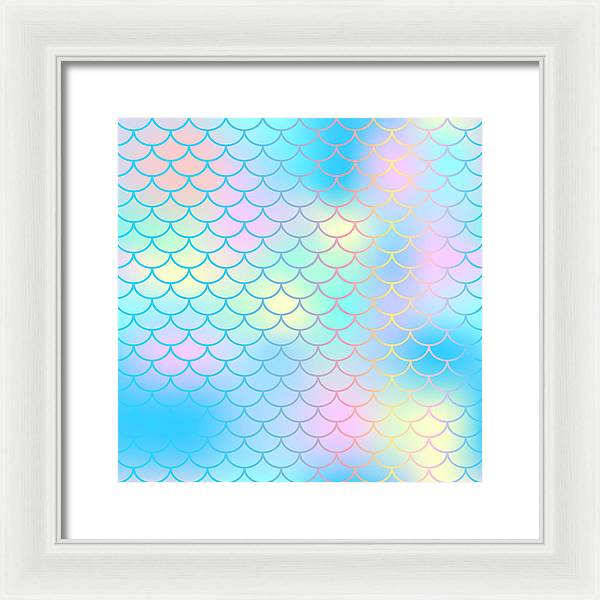 Magic mermaid tail background. Colorful seamless pattern with fish scale net. Blue pink mermaid skin surface. - Framed Print