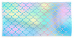 Magic mermaid tail background. Colorful seamless pattern with fish scale net. Blue pink mermaid skin surface. - Beach Towel