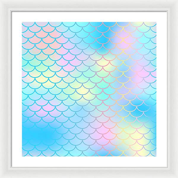 Magic mermaid tail background. Colorful seamless pattern with fish scale net. Blue pink mermaid skin surface. - Framed Print