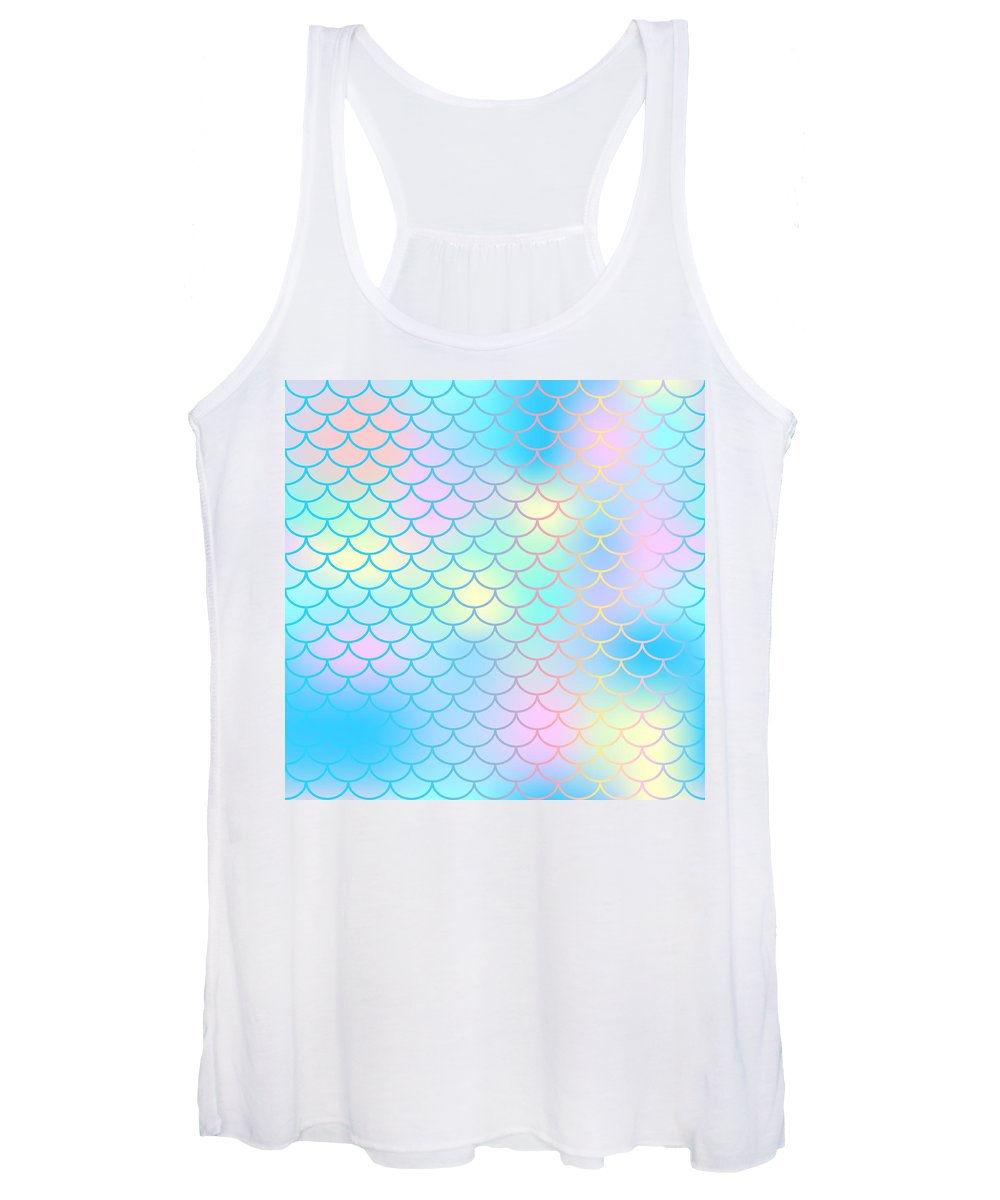 Magic mermaid tail background. Colorful seamless pattern with fish scale net. Blue pink mermaid skin surface. - Women's Tank Top