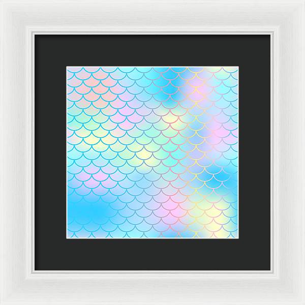Magic mermaid tail background. Colorful seamless pattern with fish scale net. Blue pink mermaid skin surface. - Framed Print