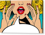 Sexy surprised blonde pop art woman with open mouth and rising hands screaming announcement. Vector background in comic retro pop art style. Party invitation. - Canvas Print