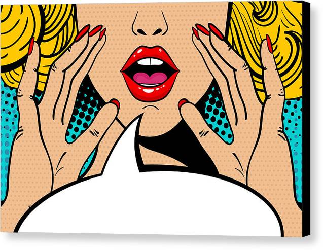 Sexy surprised blonde pop art woman with open mouth and rising hands screaming announcement. Vector background in comic retro pop art style. Party invitation. - Canvas Print