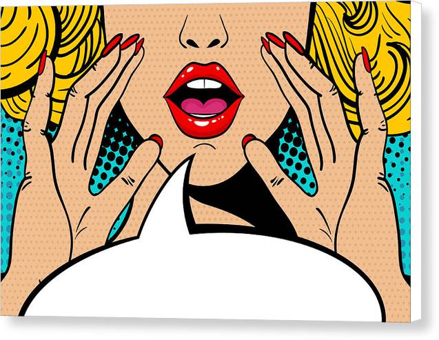 Sexy surprised blonde pop art woman with open mouth and rising hands screaming announcement. Vector background in comic retro pop art style. Party invitation. - Canvas Print
