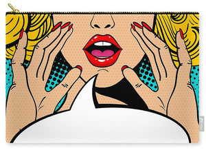 Sexy surprised blonde pop art woman with open mouth and rising hands screaming announcement. Vector background in comic retro pop art style. Party invitation. - Carry-All Pouch
