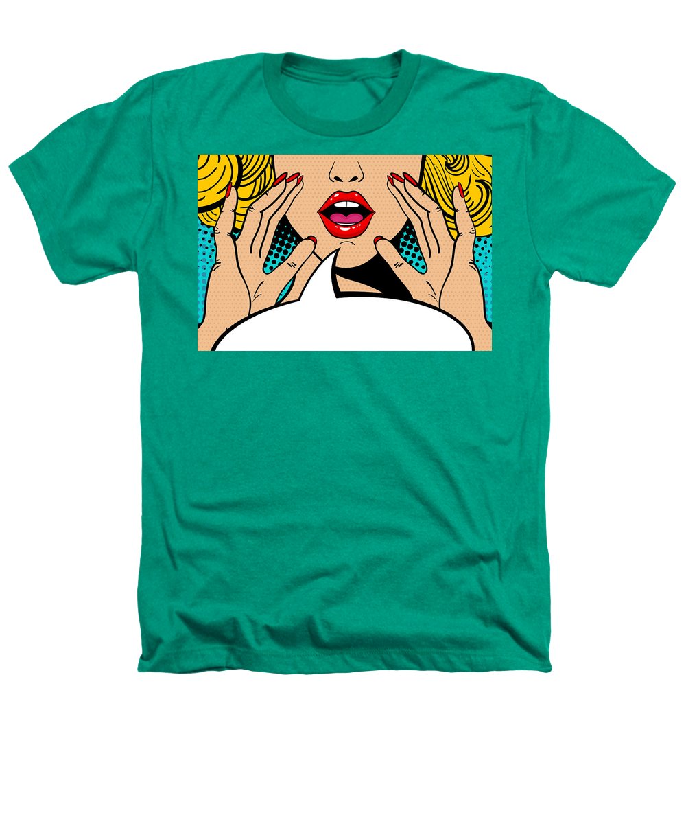 Sexy surprised blonde pop art woman with open mouth and rising hands screaming announcement. Vector background in comic retro pop art style. Party invitation. - Heathers T-Shirt