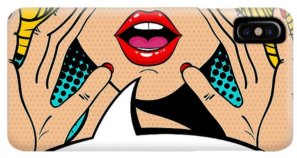 Sexy surprised blonde pop art woman with open mouth and rising hands screaming announcement. Vector background in comic retro pop art style. Party invitation. - Phone Case