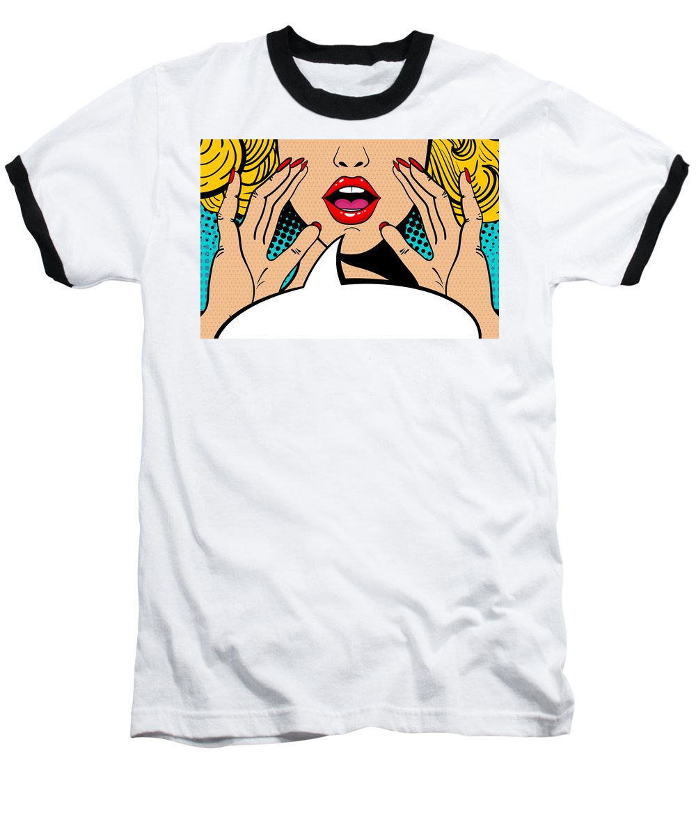 Sexy surprised blonde pop art woman with open mouth and rising hands screaming announcement. Vector background in comic retro pop art style. Party invitation. - Baseball T-Shirt