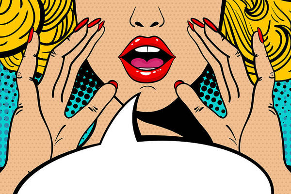 Sexy surprised blonde pop art woman with open mouth and rising hands screaming announcement. Vector background in comic retro pop art style. Party invitation. - Art Print