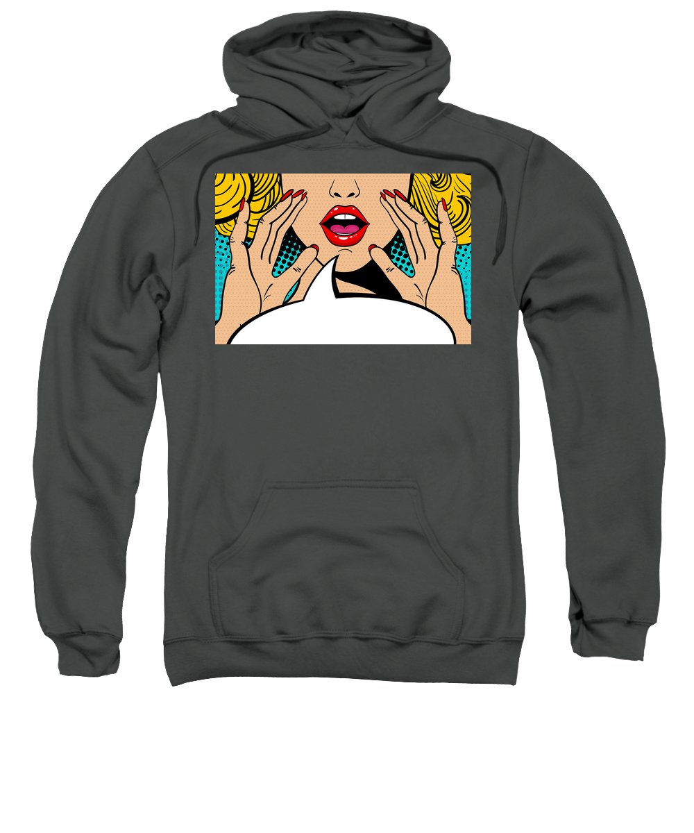 Sexy surprised blonde pop art woman with open mouth and rising hands screaming announcement. Vector background in comic retro pop art style. Party invitation. - Sweatshirt