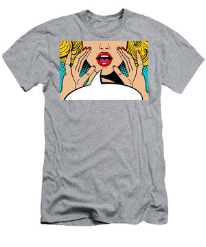 Sexy surprised blonde pop art woman with open mouth and rising hands screaming announcement. Vector background in comic retro pop art style. Party invitation. - T-Shirt