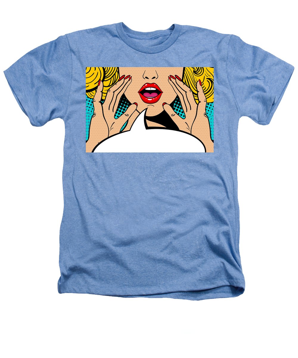 Sexy surprised blonde pop art woman with open mouth and rising hands screaming announcement. Vector background in comic retro pop art style. Party invitation. - Heathers T-Shirt