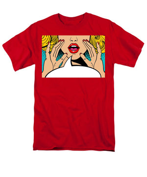 Sexy surprised blonde pop art woman with open mouth and rising hands screaming announcement. Vector background in comic retro pop art style. Party invitation. - Men's T-Shirt  (Regular Fit)