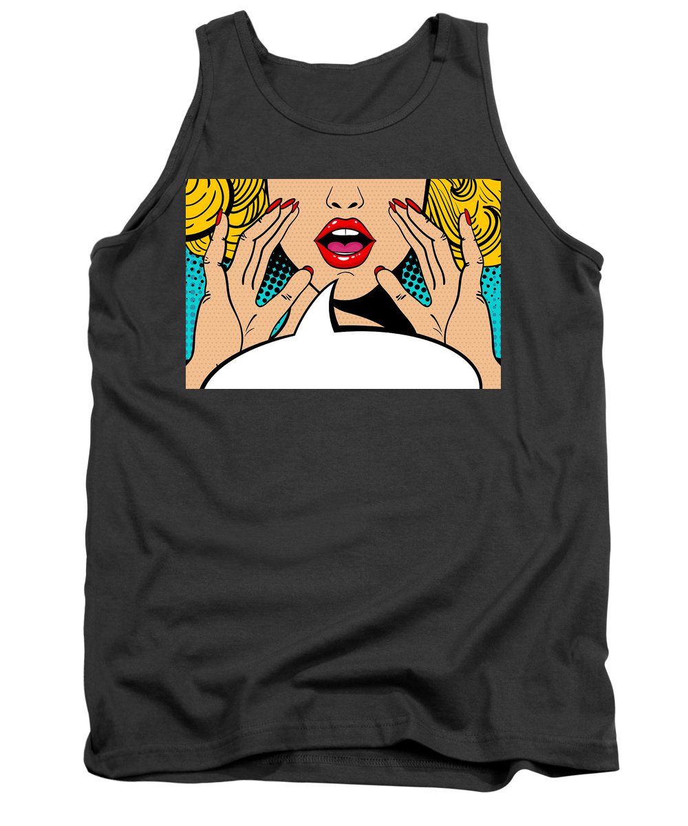 Sexy surprised blonde pop art woman with open mouth and rising hands screaming announcement. Vector background in comic retro pop art style. Party invitation. - Tank Top