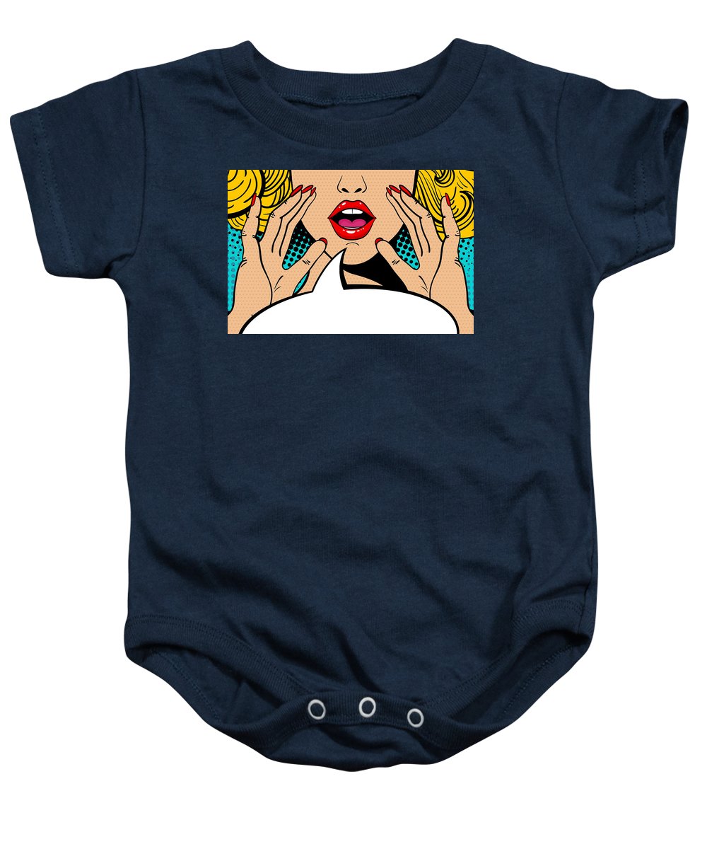 Sexy surprised blonde pop art woman with open mouth and rising hands screaming announcement. Vector background in comic retro pop art style. Party invitation. - Baby Onesie