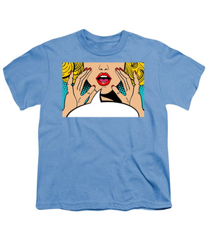Sexy surprised blonde pop art woman with open mouth and rising hands screaming announcement. Vector background in comic retro pop art style. Party invitation. - Youth T-Shirt